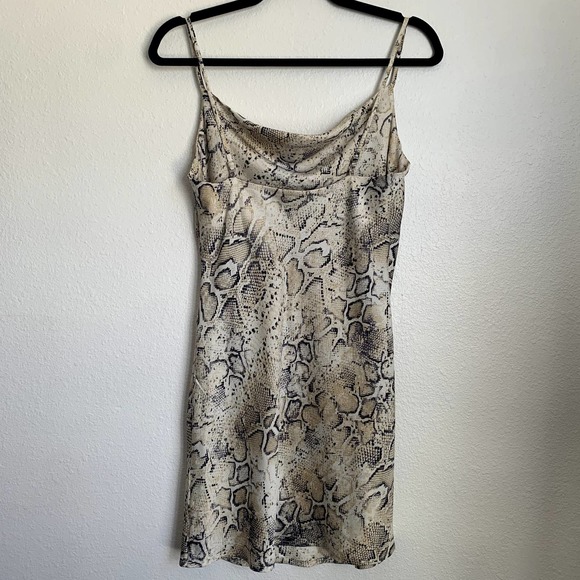 JOA Revolve Breanna Beige Snake Print Satin Cowl Neck Slip Dress - Picture 7 of 12
